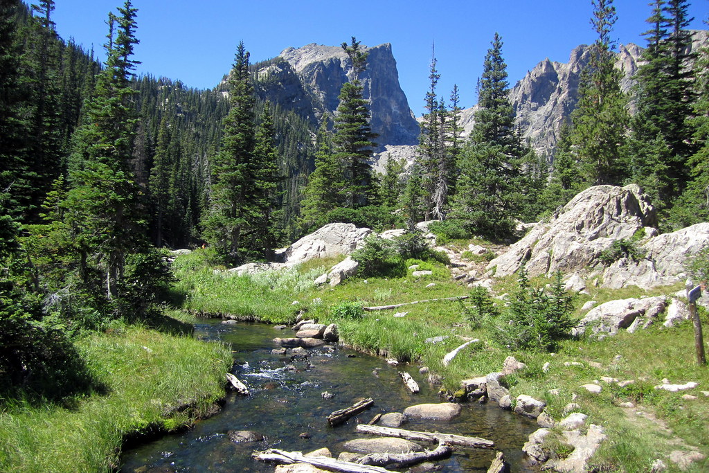 A small river runs through grass, boulders, and pine trees with mountains in the background at Rocky Mountain National Park