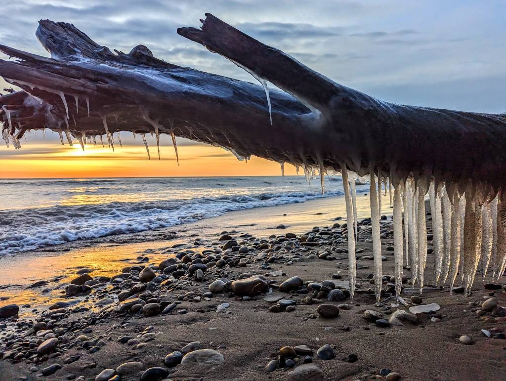 a beautiful orange sun rises over Lake Michigan with a frozen branch with icicles in the foreground