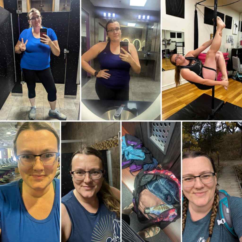 photo collage of a woman in different workout outfits in the gym bathroom, at a pole dance class, and hiking